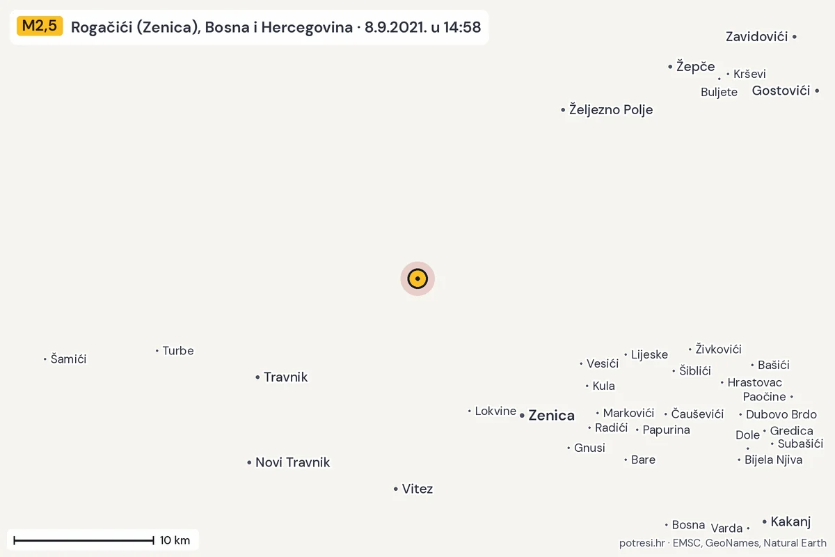 Karta: okolica epicentra, 60 km, potres M2,5, Rogačići (Zenica), Bosna i Hercegovina, 8.9.2021.