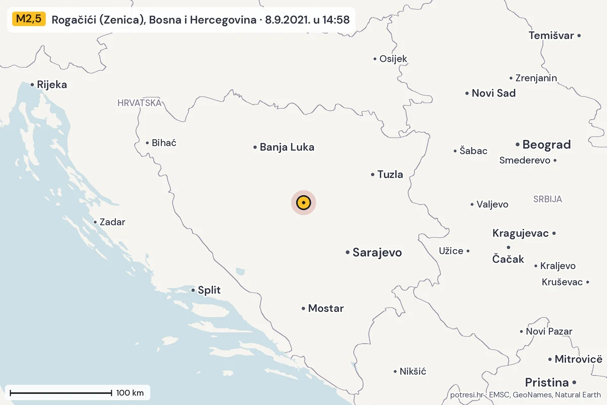 Karta: šire područje, 600 km, potres M2,5, Rogačići (Zenica), Bosna i Hercegovina, 8.9.2021.