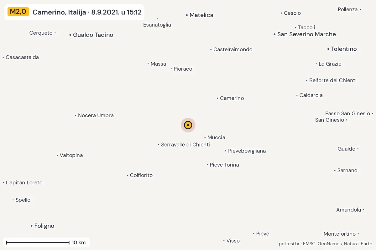 Karta: okolica epicentra, 60 km, potres M2,0, Camerino, Italija, 8.9.2021.