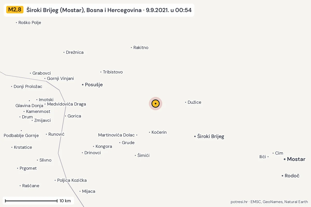 Karta: okolica epicentra, 60 km, potres M2,8, Široki Brijeg (Mostar), Bosna i Hercegovina, 9.9.2021.