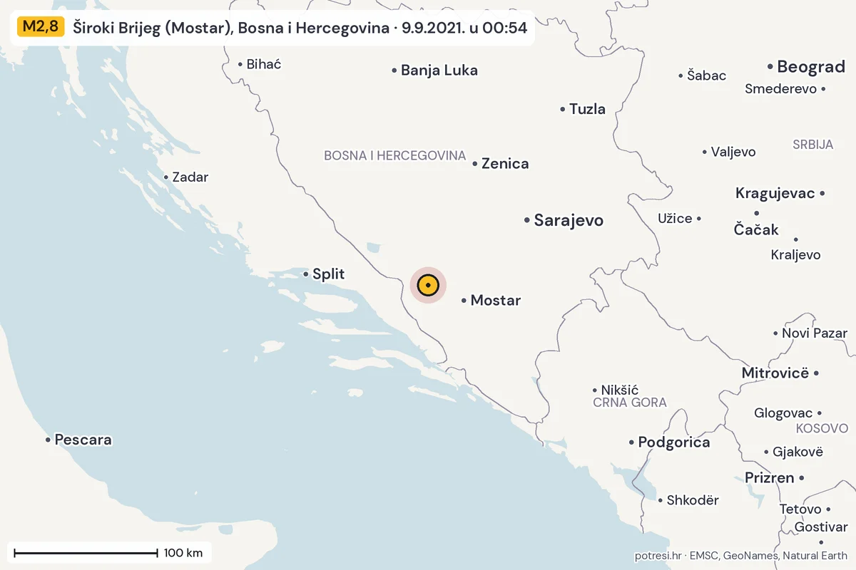 Karta: šire područje, 600 km, potres M2,8, Široki Brijeg (Mostar), Bosna i Hercegovina, 9.9.2021.