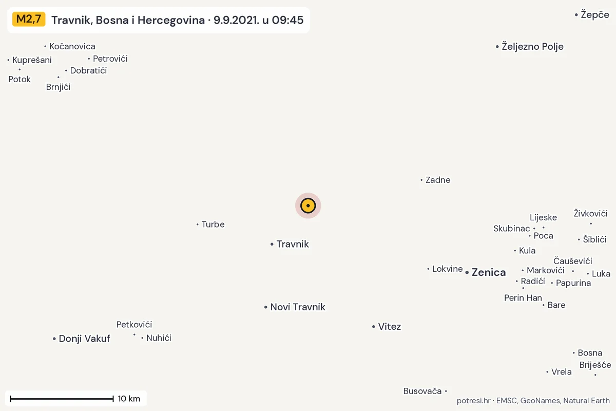 Karta: okolica epicentra, 60 km, potres M2,7, Travnik, Bosna i Hercegovina, 9.9.2021.