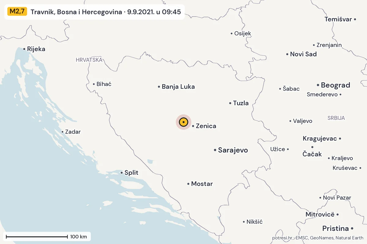 Karta: šire područje, 600 km, potres M2,7, Travnik, Bosna i Hercegovina, 9.9.2021.