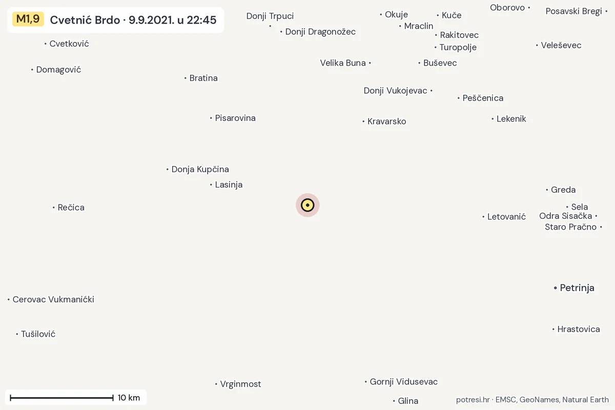 Karta: okolica epicentra, 60 km, potres M1,9, Cvetnić Brdo, 9.9.2021.