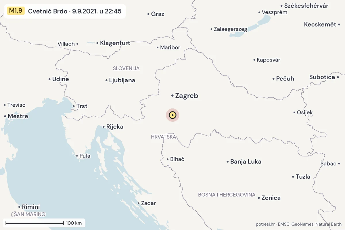 Karta: šire područje, 600 km, potres M1,9, Cvetnić Brdo, 9.9.2021.