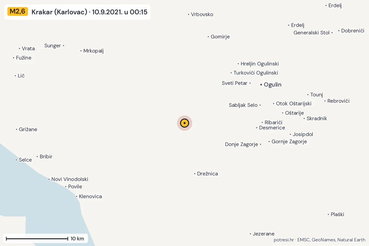 Karta: okolica epicentra, 60 km, potres M2,6, Krakar (Karlovac), 10.9.2021.