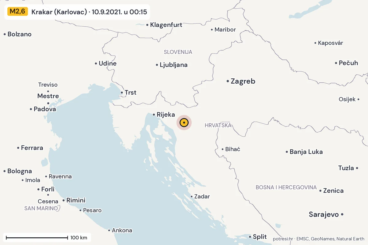Karta: šire područje, 600 km, potres M2,6, Krakar (Karlovac), 10.9.2021.