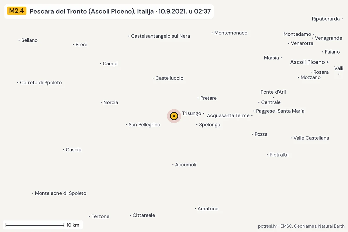Karta: okolica epicentra, 60 km, potres M2,4, Pescara del Tronto (Ascoli Piceno), Italija, 10.9.2021.