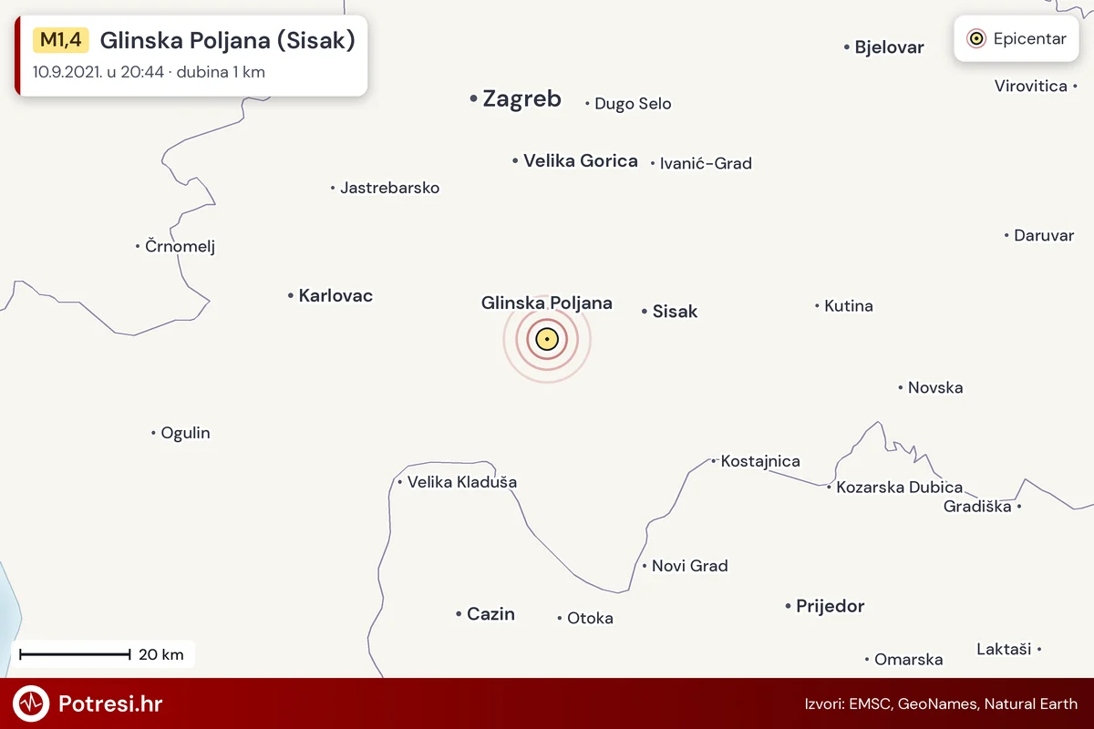 Karta: šire područje i vjerojatni doseg osjeta, potres M1,4, Glinska Poljana (Sisak), 10.9.2021.