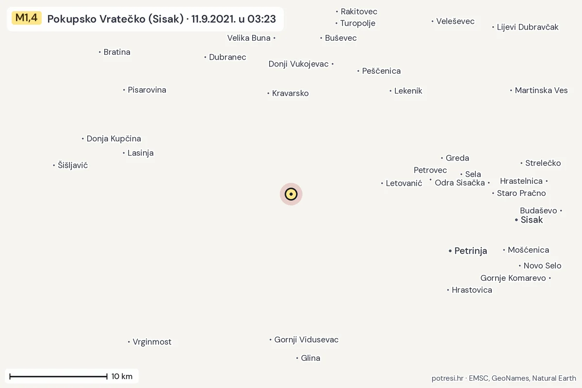 Karta: okolica epicentra, 60 km, potres M1,4, Pokupsko Vratečko (Sisak), 11.9.2021.