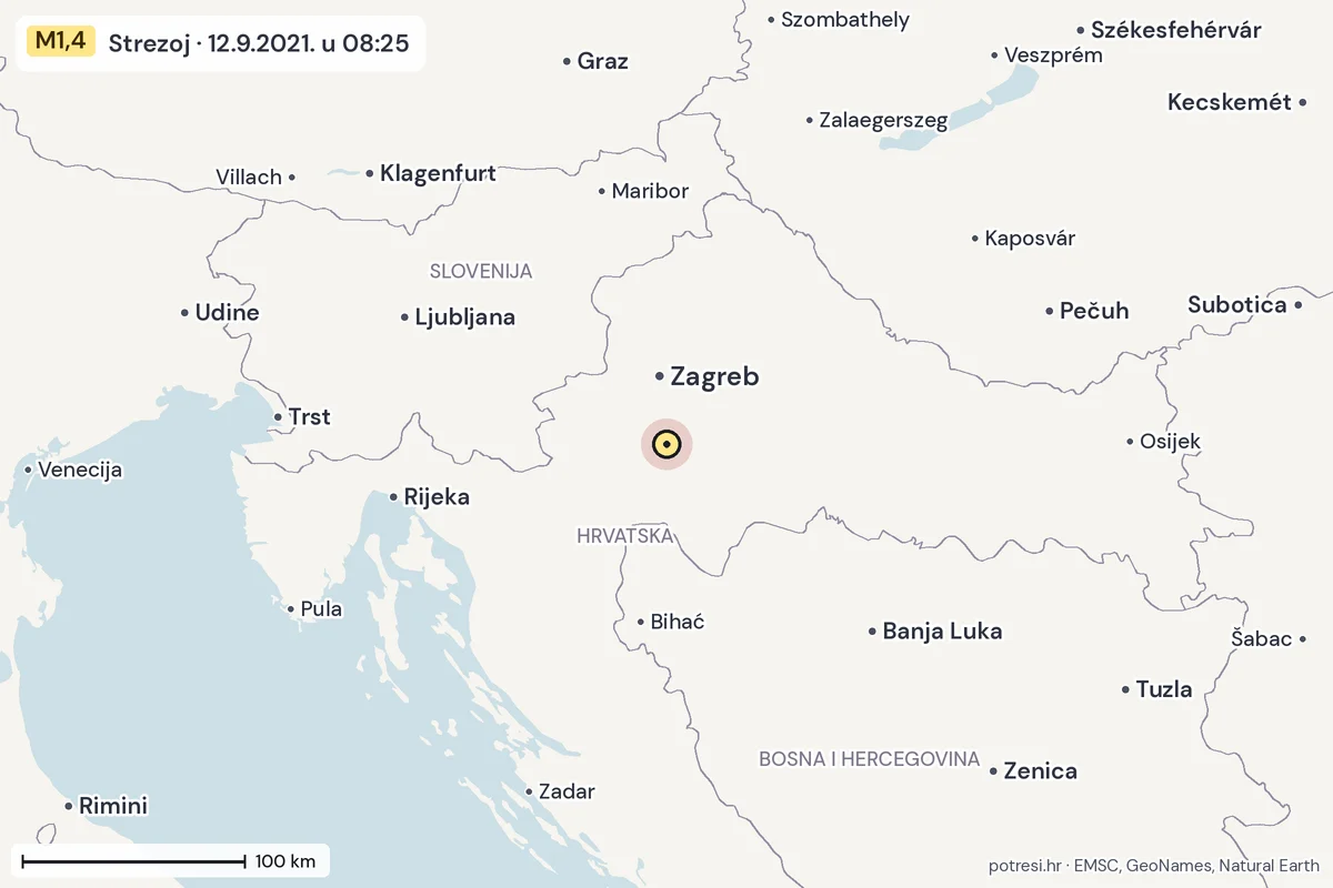 Karta: šire područje, 600 km, potres M1,4, Strezoj, 12.9.2021.