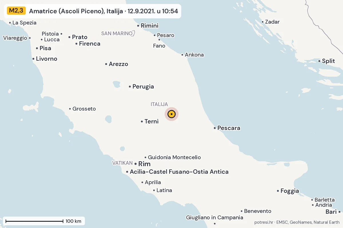 Karta: šire područje, 600 km, potres M2,3, Amatrice (Ascoli Piceno), Italija, 12.9.2021.