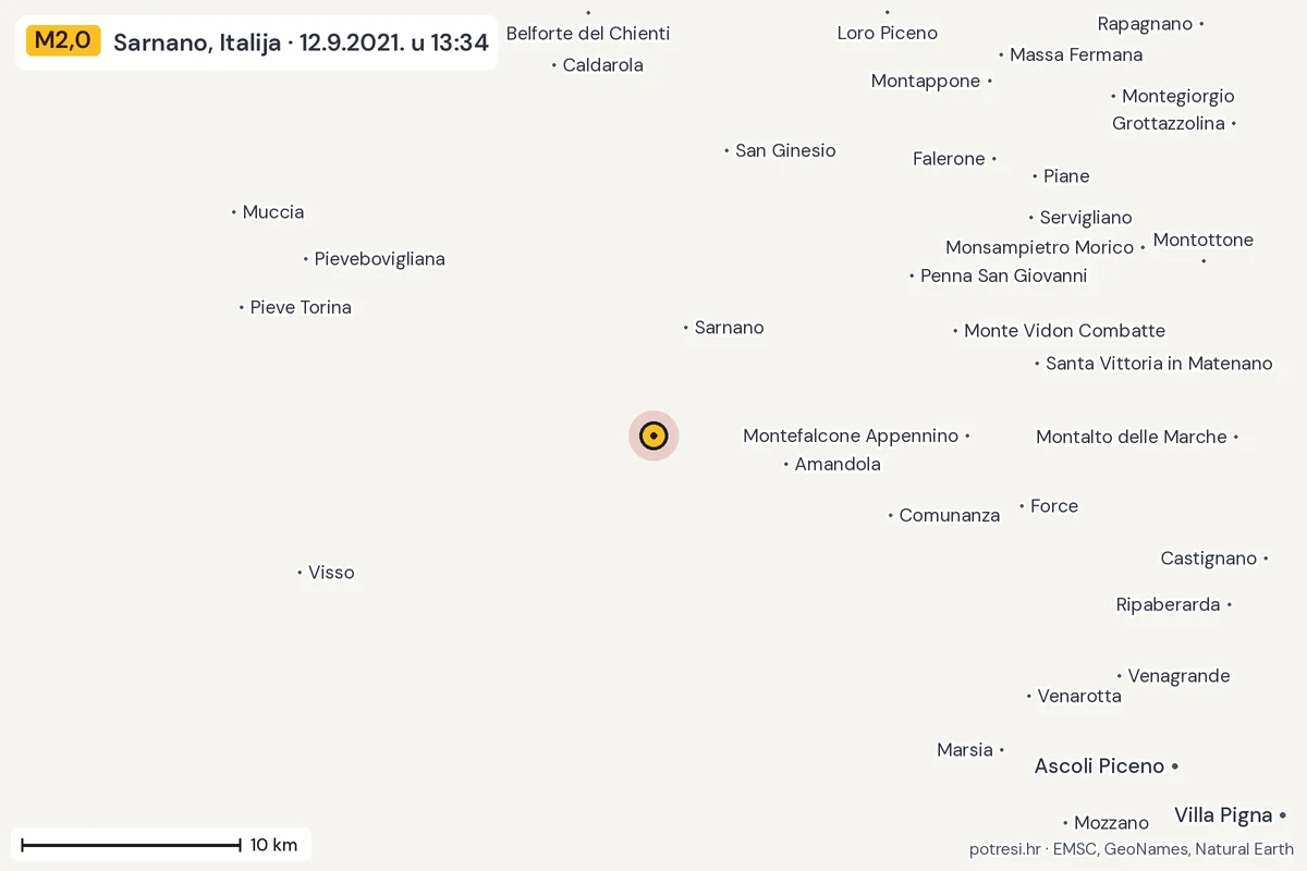 Karta: okolica epicentra, 60 km, potres M2,0, Sarnano, Italija, 12.9.2021.