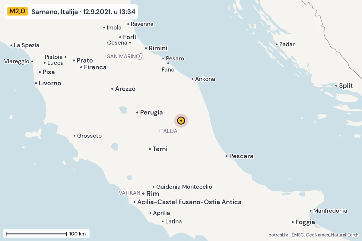 Karta: šire područje, 600 km, potres M2,0, Sarnano, Italija, 12.9.2021.
