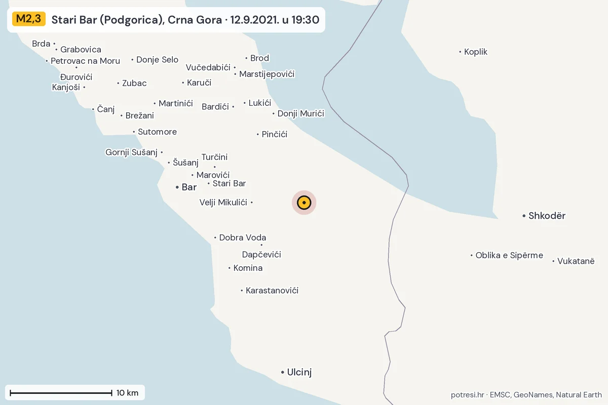 Karta: okolica epicentra, 60 km, potres M2,3, Stari Bar (Podgorica), Crna Gora, 12.9.2021.