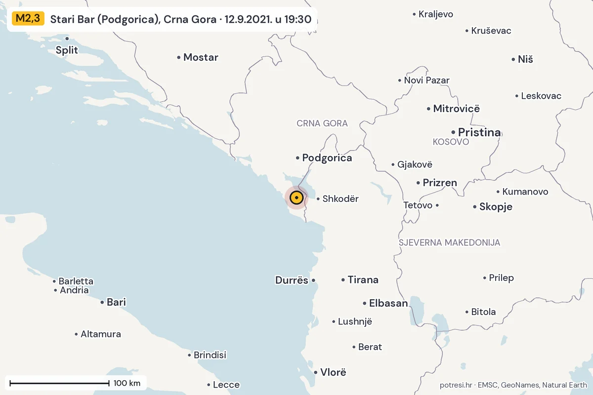 Karta: šire područje, 600 km, potres M2,3, Stari Bar (Podgorica), Crna Gora, 12.9.2021.