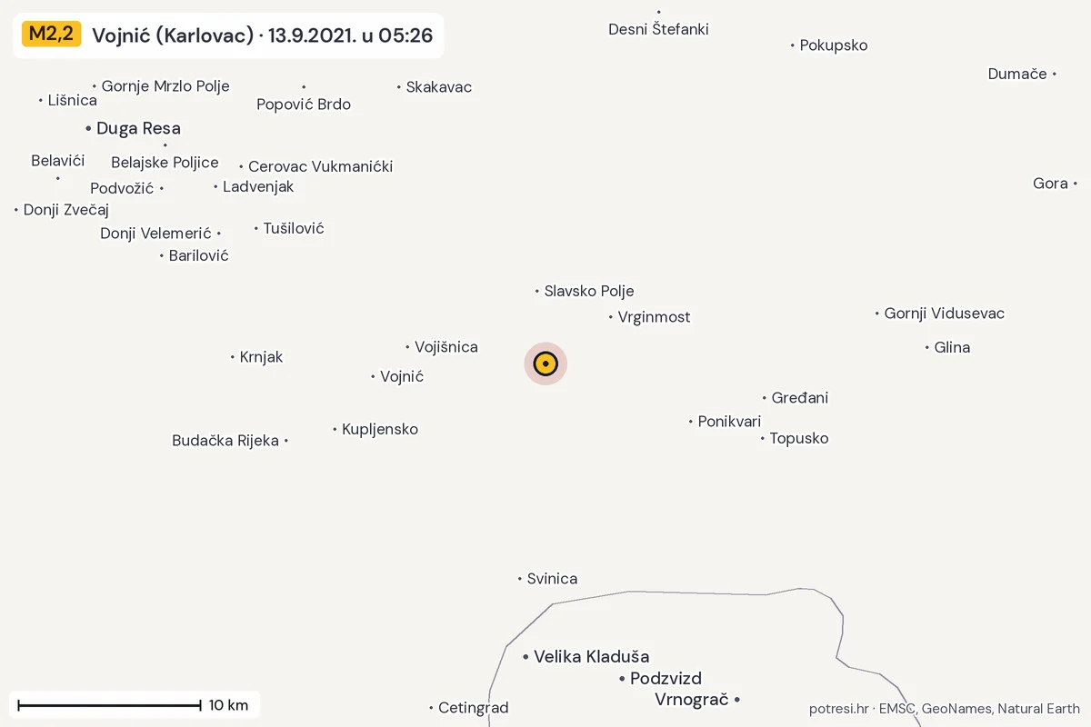 Karta: okolica epicentra, 60 km, potres M2,2, Vojnić (Karlovac), 13.9.2021.