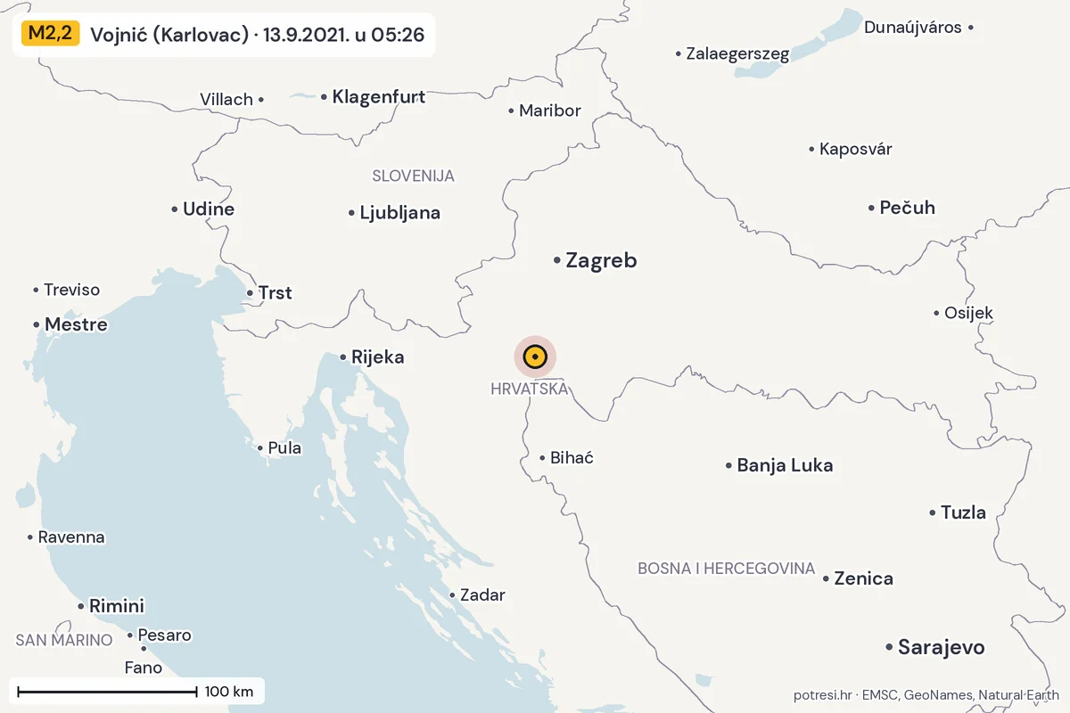Karta: šire područje, 600 km, potres M2,2, Vojnić (Karlovac), 13.9.2021.