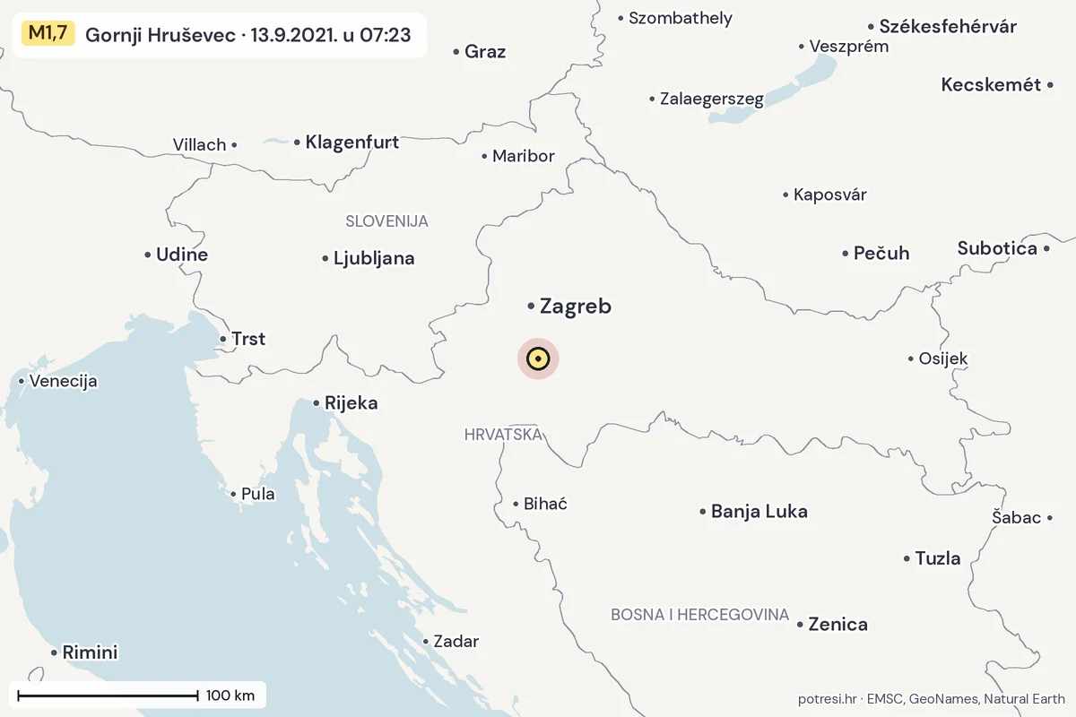 Karta: šire područje, 600 km, potres M1,7, Gornji Hruševec, 13.9.2021.