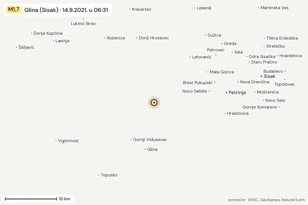 Karta: okolica epicentra, 60 km, potres M1,7, Glina (Sisak), 14.9.2021.