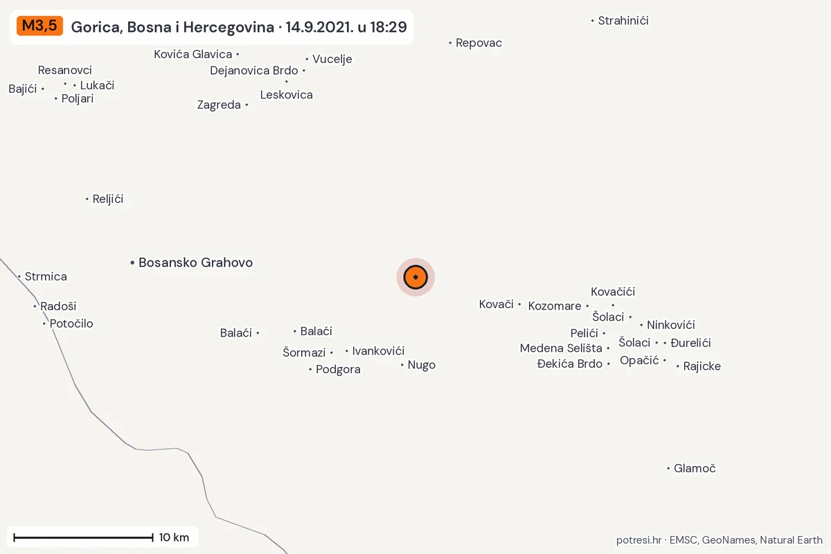 Karta: okolica epicentra, 60 km, potres M3,5, Gorica, Bosna i Hercegovina, 14.9.2021.