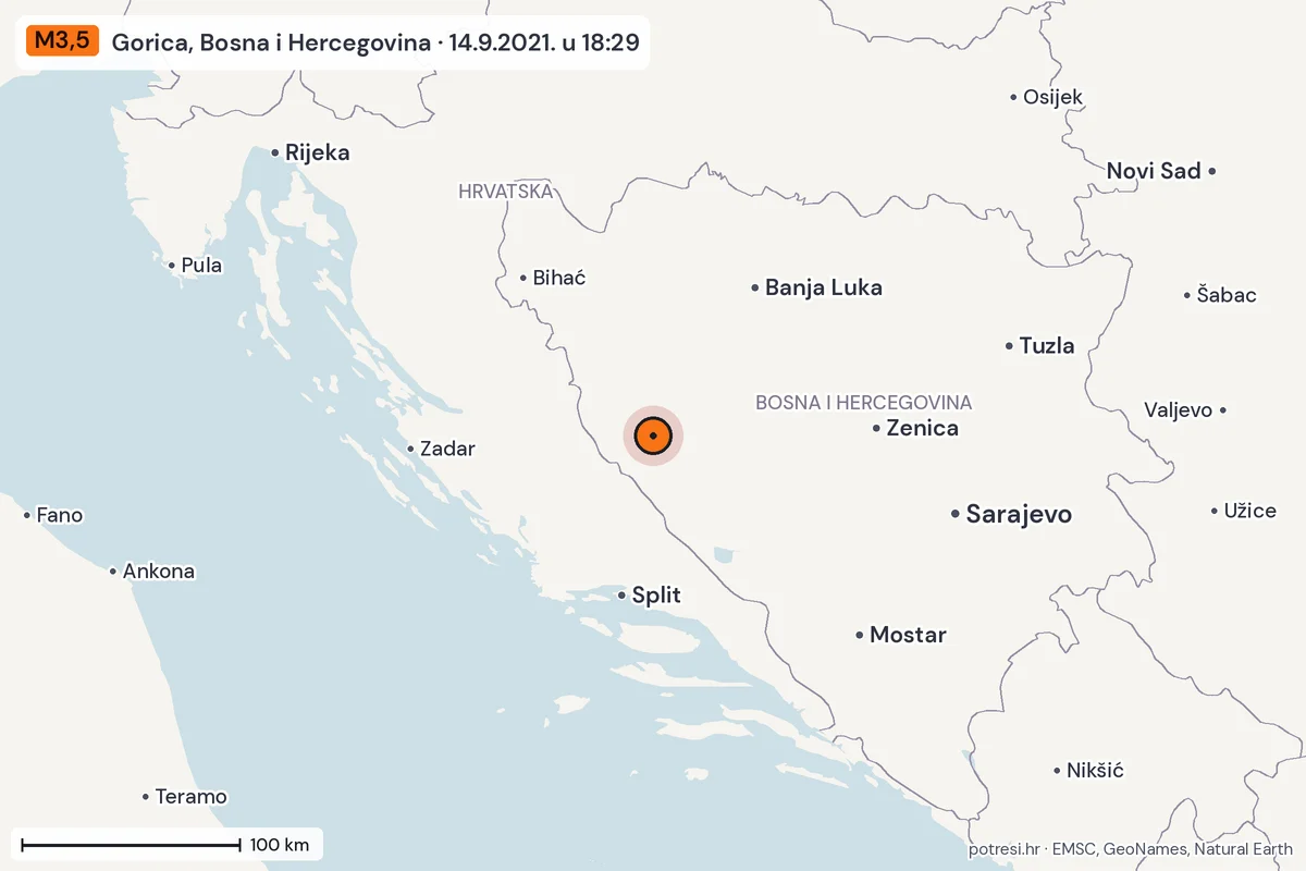 Karta: šire područje, 600 km, potres M3,5, Gorica, Bosna i Hercegovina, 14.9.2021.