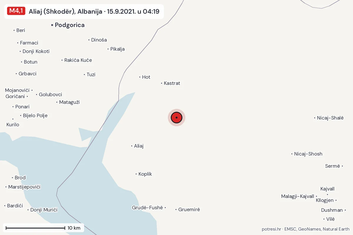 Karta: okolica epicentra, 60 km, potres M4,1, Aliaj (Shkodër), Albanija, 15.9.2021.