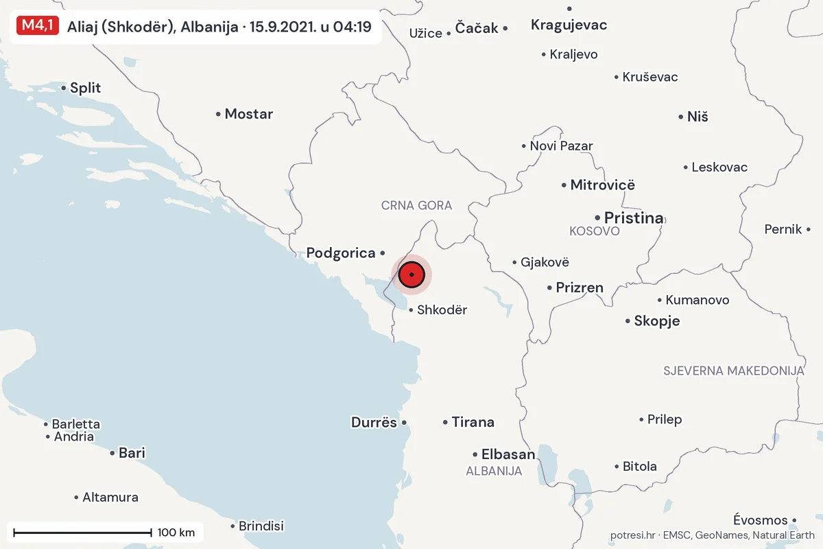 Karta: šire područje, 600 km, potres M4,1, Aliaj (Shkodër), Albanija, 15.9.2021.