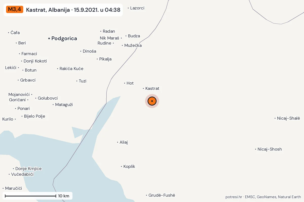 Karta: okolica epicentra, 60 km, potres M3,4, Kastrat, Albanija, 15.9.2021.