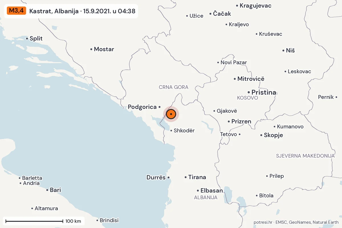 Karta: šire područje, 600 km, potres M3,4, Kastrat, Albanija, 15.9.2021.