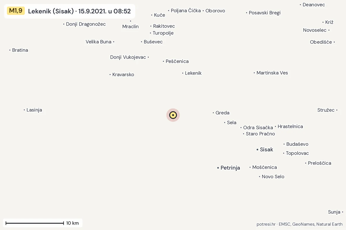Karta: okolica epicentra, 60 km, potres M1,9, Lekenik (Sisak), 15.9.2021.