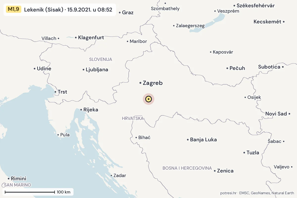 Karta: šire područje, 600 km, potres M1,9, Lekenik (Sisak), 15.9.2021.