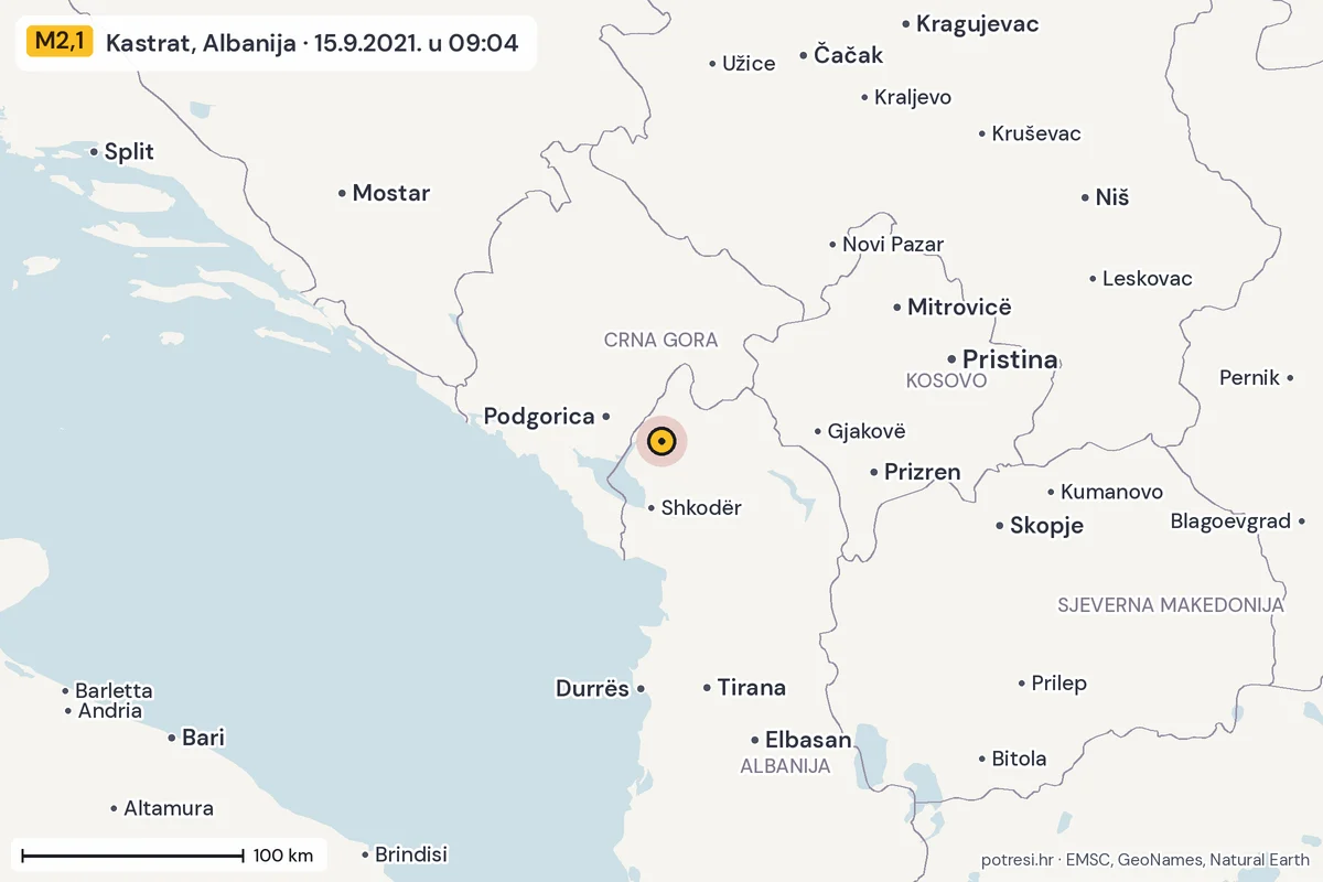 Karta: šire područje, 600 km, potres M2,1, Kastrat, Albanija, 15.9.2021.