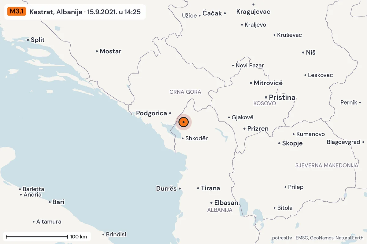 Karta: šire područje, 600 km, potres M3,1, Kastrat, Albanija, 15.9.2021.