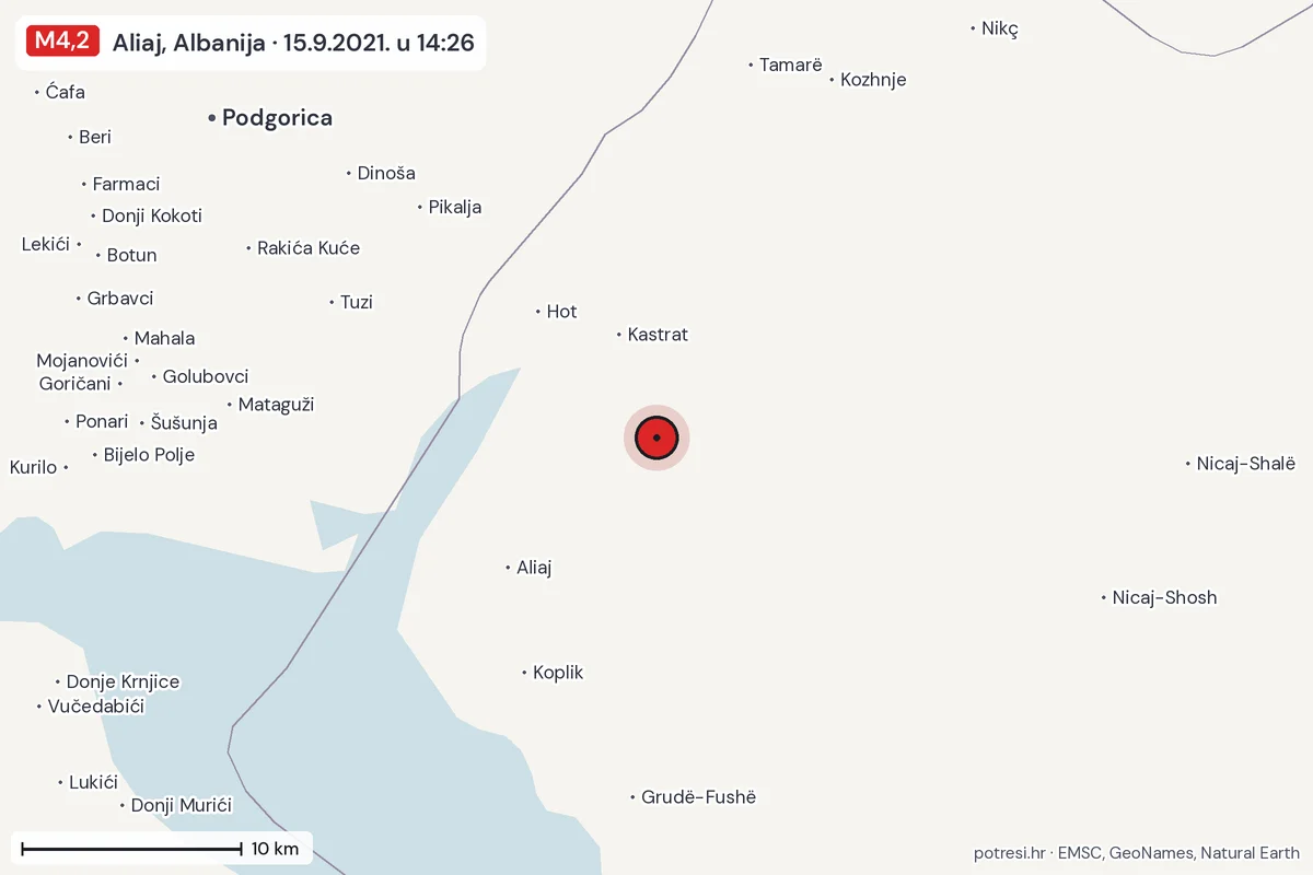 Karta: okolica epicentra, 60 km, potres M4,2, Aliaj, Albanija, 15.9.2021.