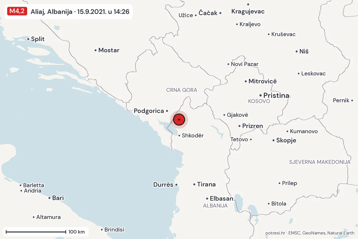 Karta: šire područje, 600 km, potres M4,2, Aliaj, Albanija, 15.9.2021.