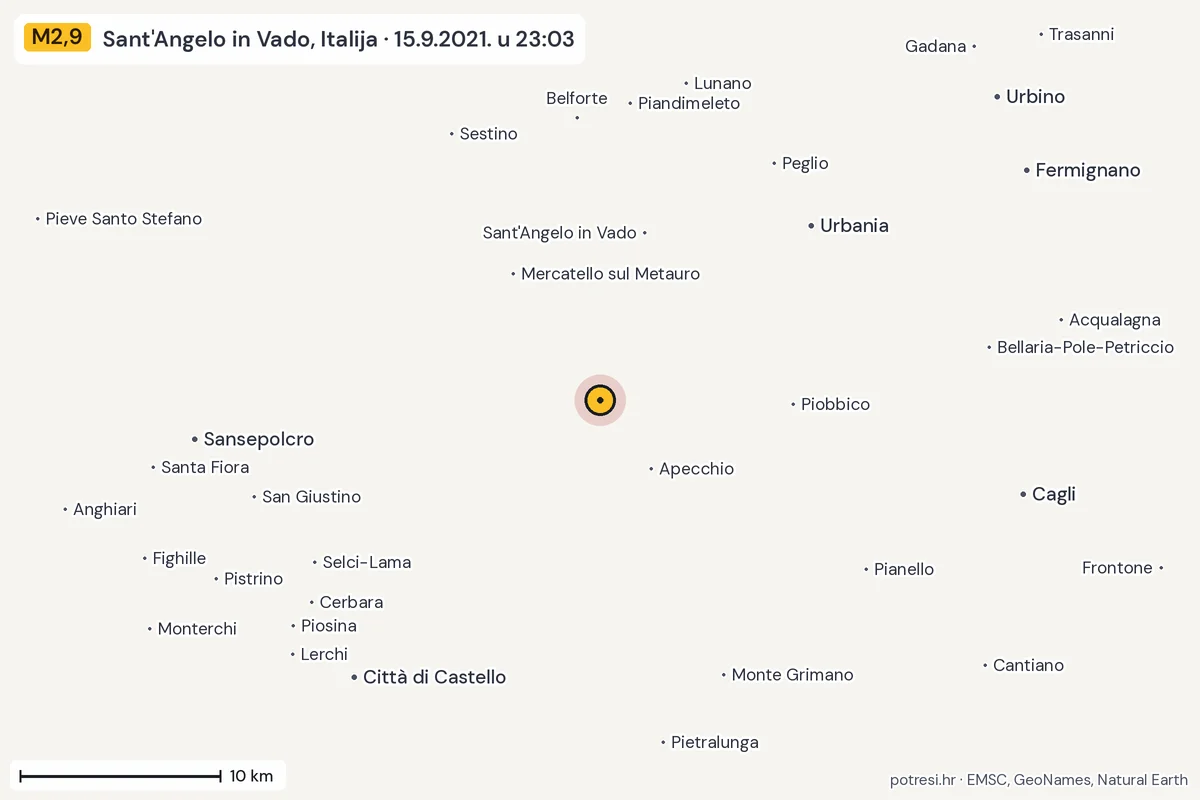 Karta: okolica epicentra, 60 km, potres M2,9, Sant'Angelo in Vado, Italija, 15.9.2021.