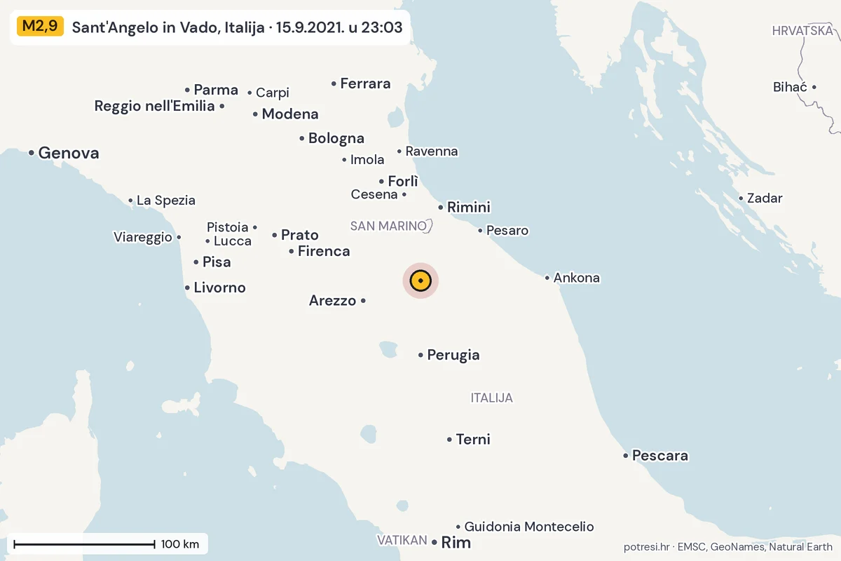 Karta: šire područje, 600 km, potres M2,9, Sant'Angelo in Vado, Italija, 15.9.2021.
