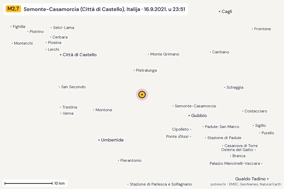 Karta: okolica epicentra, 60 km, potres M2,7, Semonte-Casamorcia (Città di Castello), Italija, 16.9.2021.