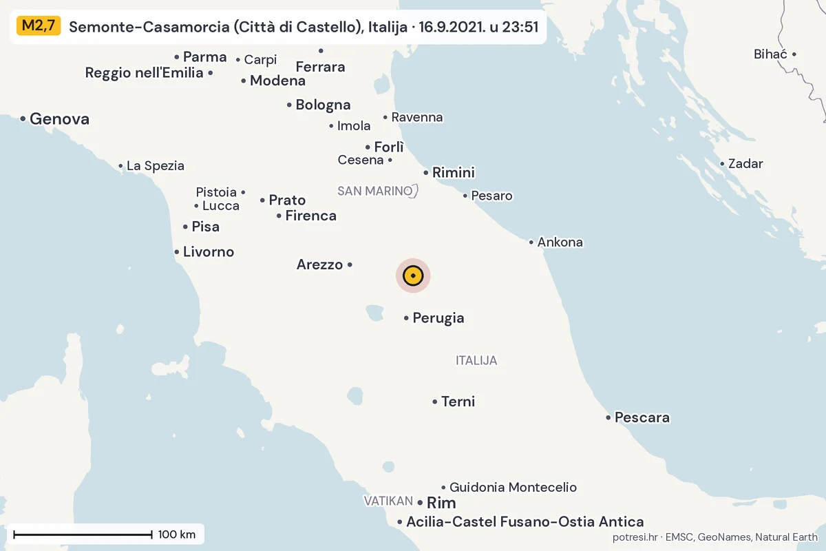 Karta: šire područje, 600 km, potres M2,7, Semonte-Casamorcia (Città di Castello), Italija, 16.9.2021.