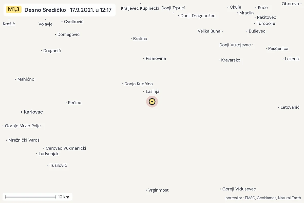 Karta: okolica epicentra, 60 km, potres M1,3, Desno Sredičko, 17.9.2021.