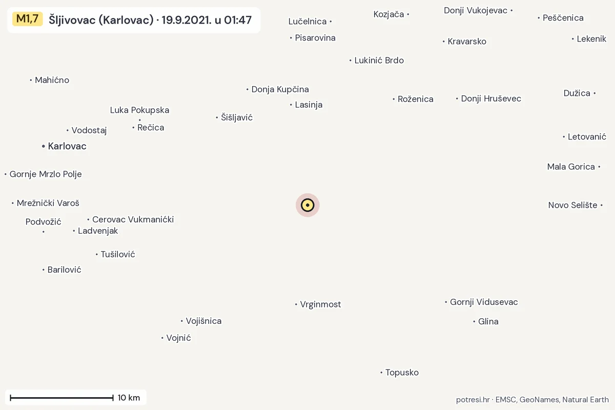 Karta: okolica epicentra, 60 km, potres M1,7, Šljivovac (Karlovac), 19.9.2021.