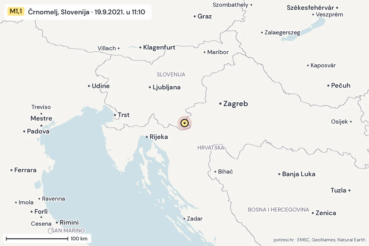 Karta: šire područje, 600 km, potres M1,1, Črnomelj, Slovenija, 19.9.2021.