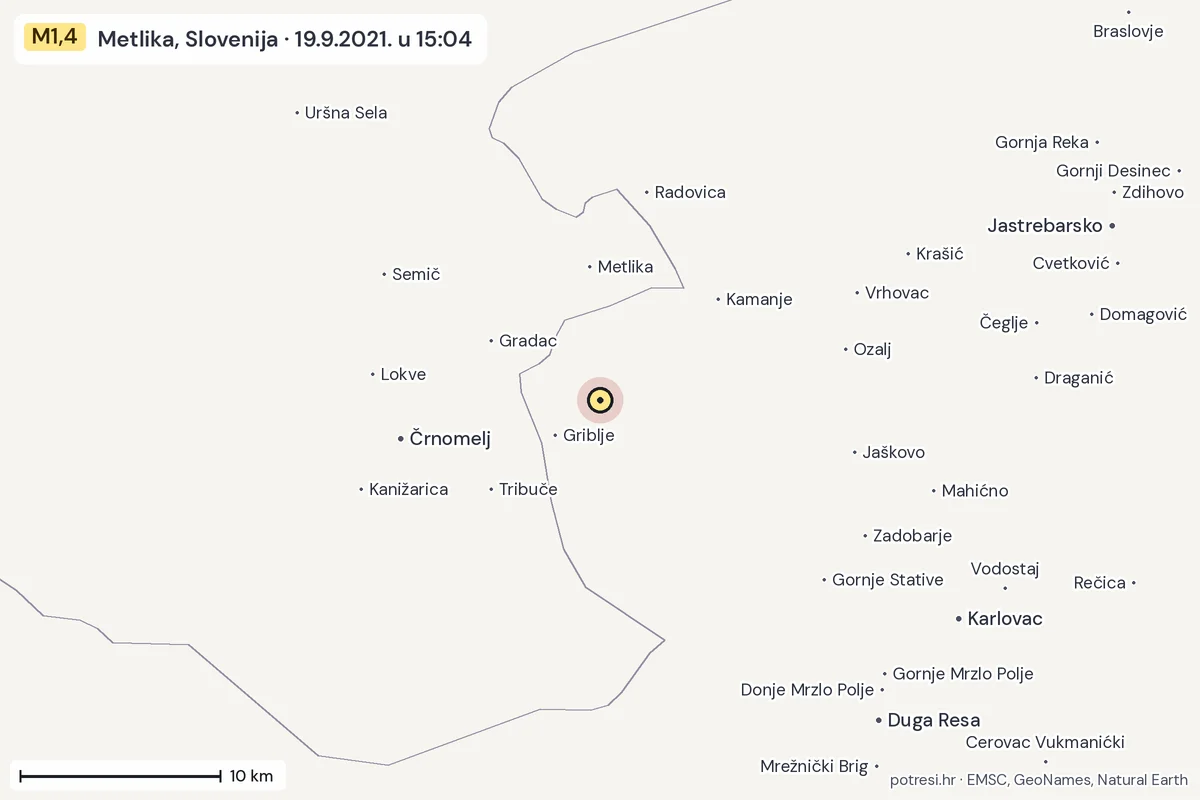 Karta: okolica epicentra, 60 km, potres M1,4, Metlika, Slovenija, 19.9.2021.