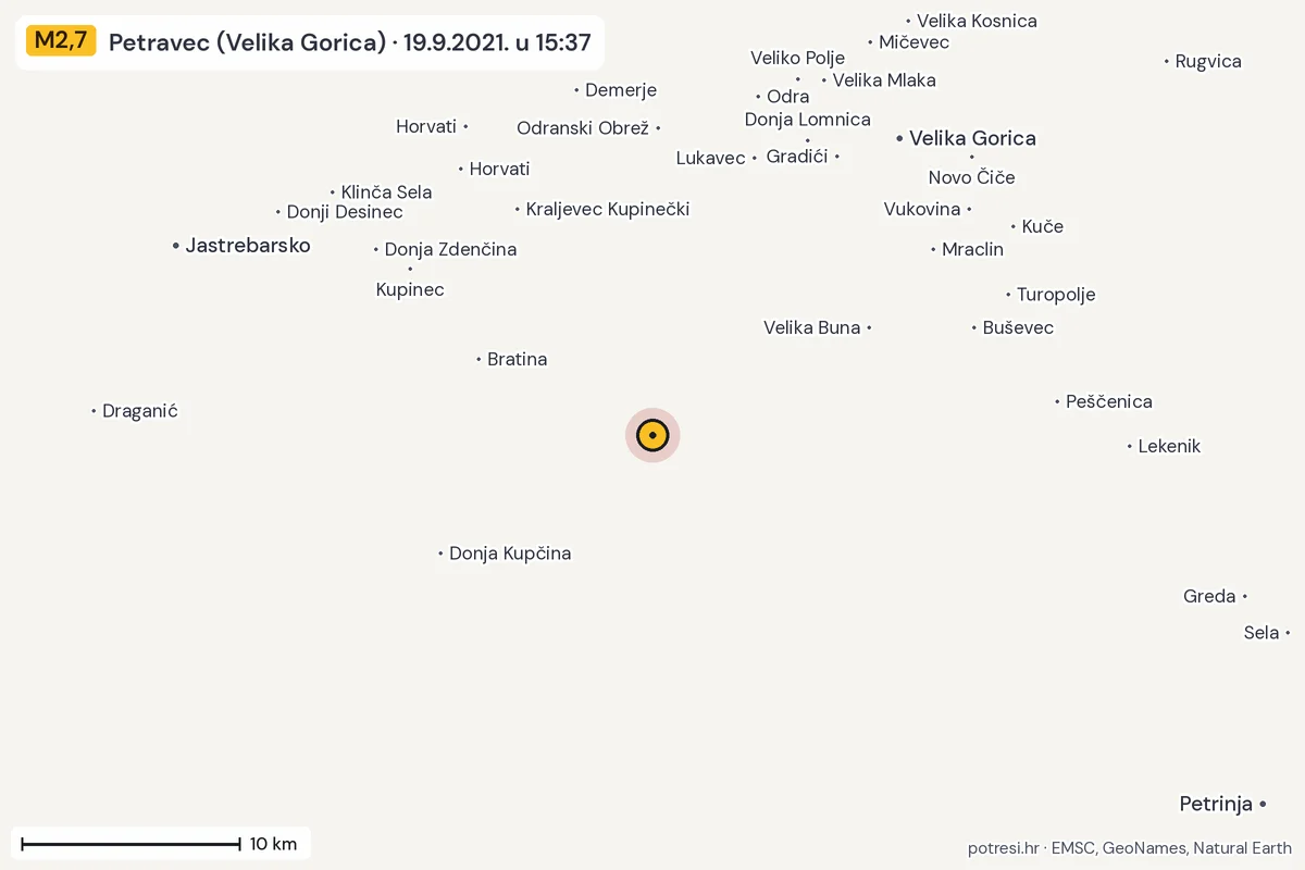 Karta: okolica epicentra, 60 km, potres M2,7, Petravec (Velika Gorica), 19.9.2021.