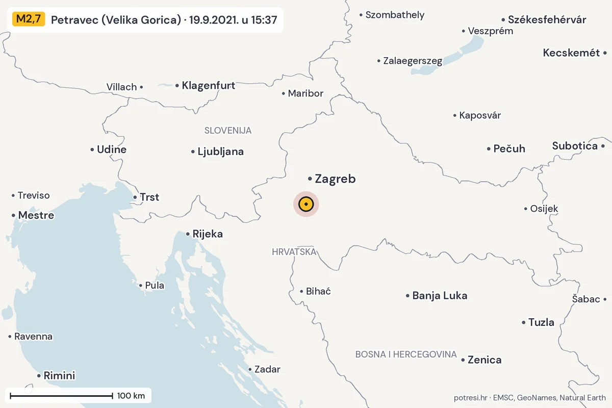 Karta: šire područje, 600 km, potres M2,7, Petravec (Velika Gorica), 19.9.2021.