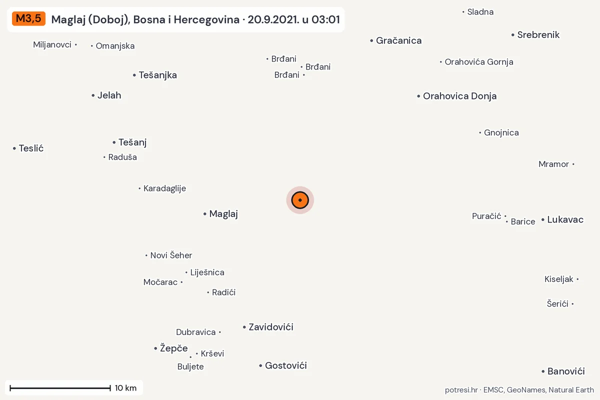 Karta: okolica epicentra, 60 km, potres M3,5, Maglaj (Doboj), Bosna i Hercegovina, 20.9.2021.
