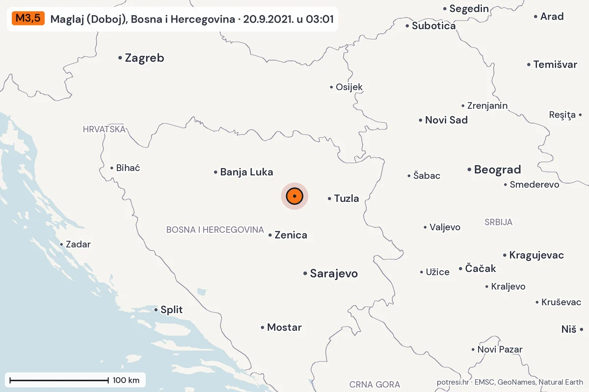 Karta: šire područje, 600 km, potres M3,5, Maglaj (Doboj), Bosna i Hercegovina, 20.9.2021.
