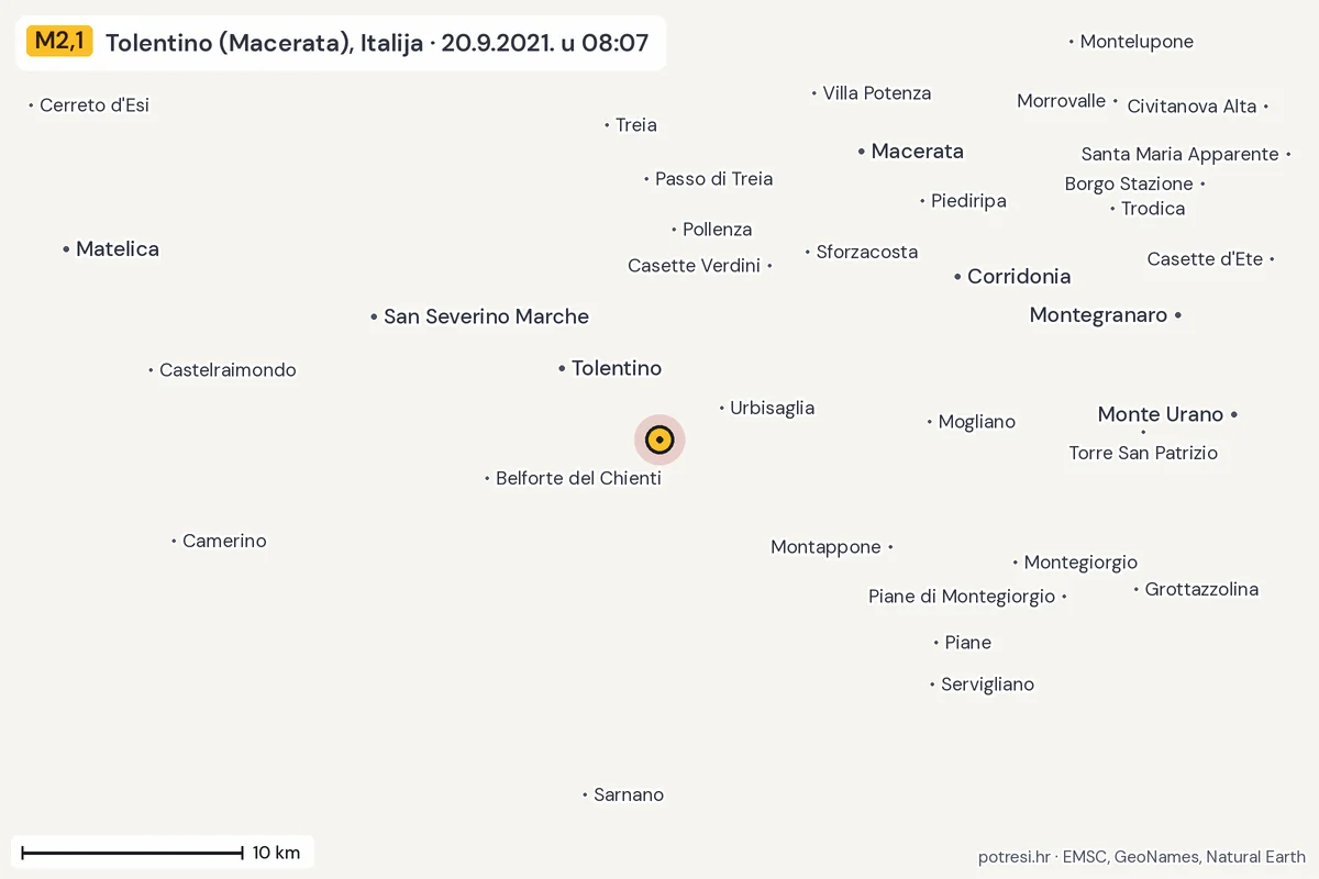 Karta: okolica epicentra, 60 km, potres M2,1, Tolentino (Macerata), Italija, 20.9.2021.