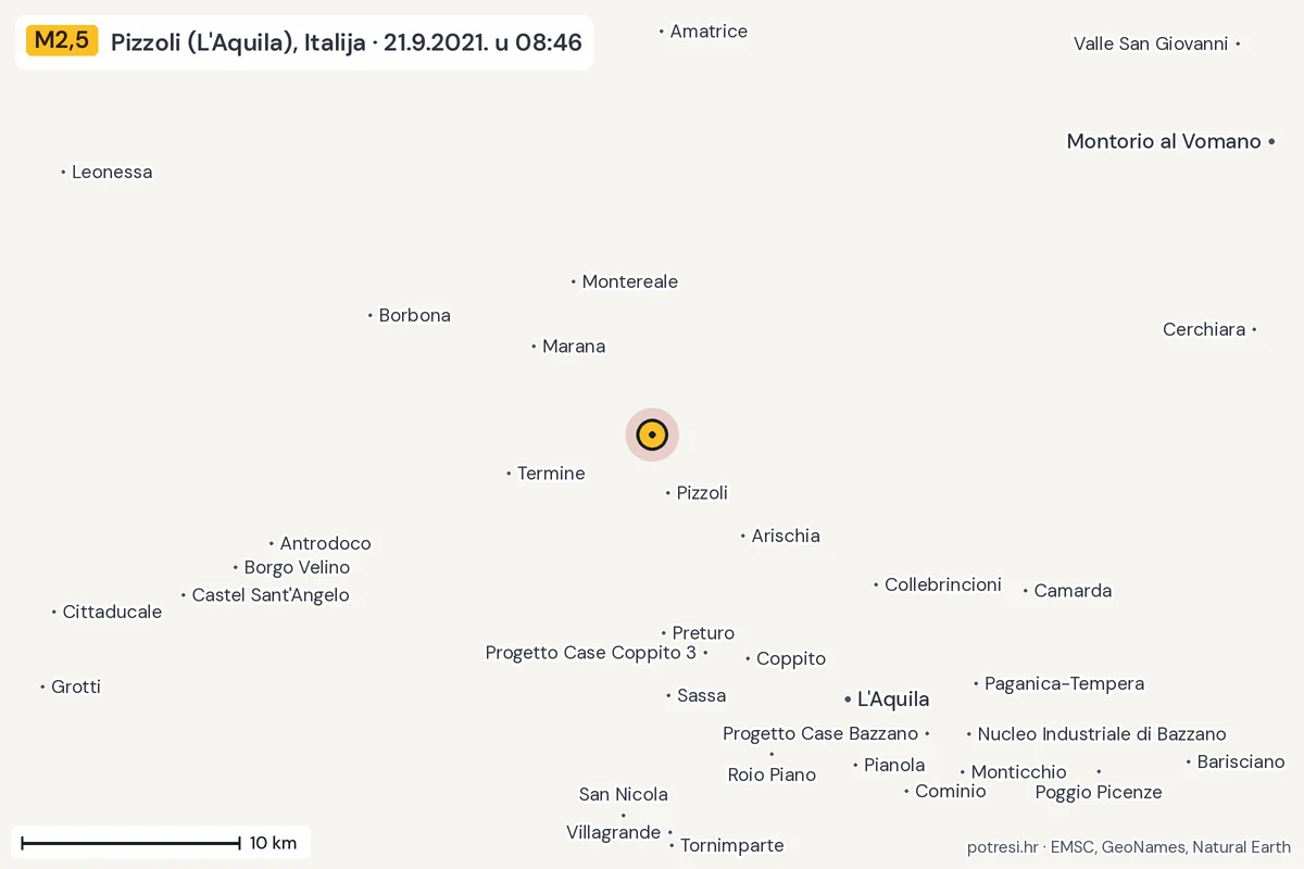 Karta: okolica epicentra, 60 km, potres M2,5, Pizzoli (L'Aquila), Italija, 21.9.2021.